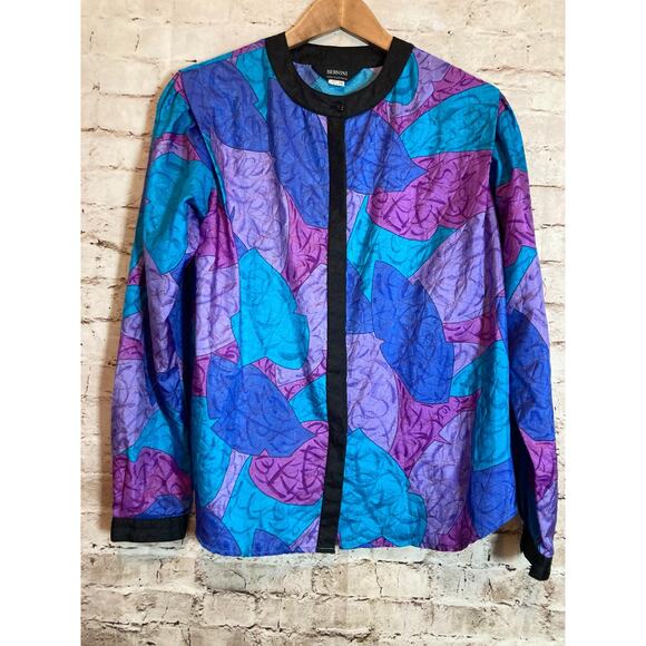 Vintage Bernini Top Womens 14 Cobalt & Purple Leaf Print Satin Button Front 80s - Picture 1 of 15